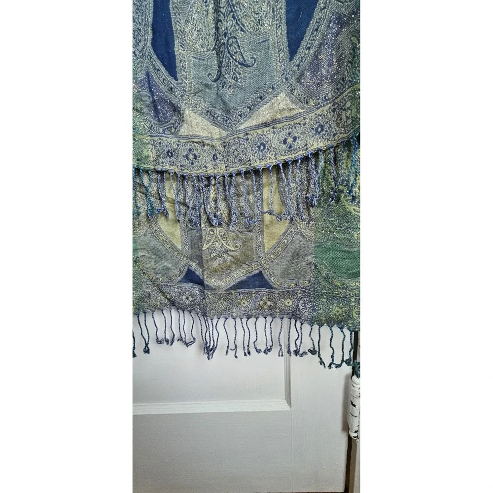 NWT CollectionEighteen Blues & Green with Gold Metallic fringe Wrap Style Scarf